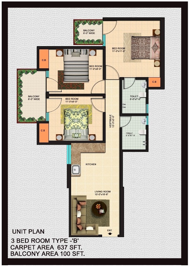 3bhk Floor plan of Auric City Homes Sec 82 Faridabad